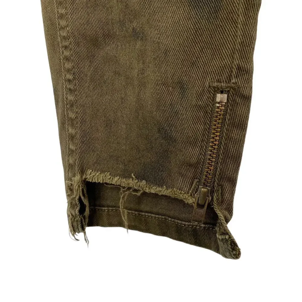 ZARA Basic Z1975 Denim Size 2 Mid Rise Skinny Uneven Hem Olive Jeans Dark Marks